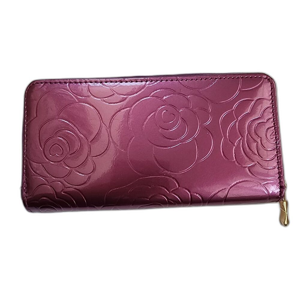 Sehra Collection Purple Floral Patent Leather Zip Around Clutch Wallet - Picture 3 of 7